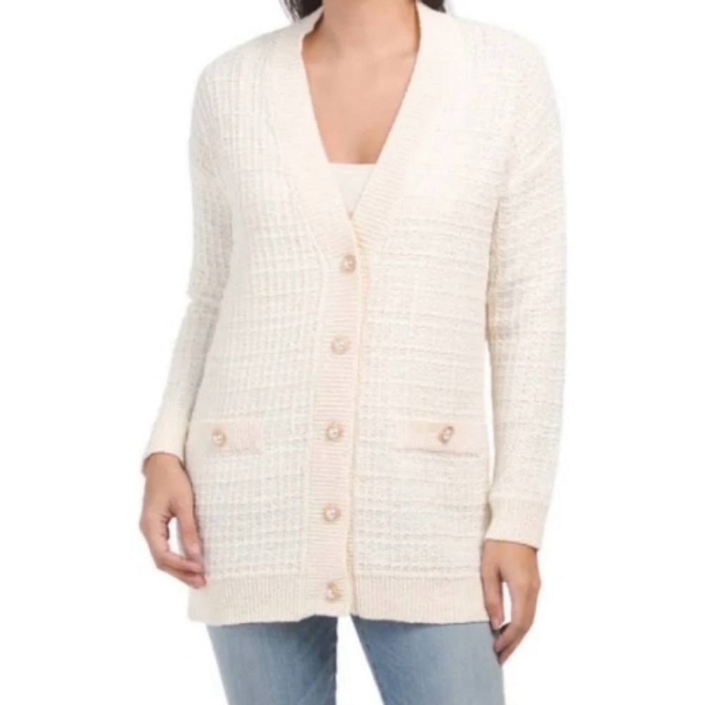 Eli Tahari Cardigan Cream‎ Wool Blend Pearl Gold Button Up Preppy Sweater NWOT M
